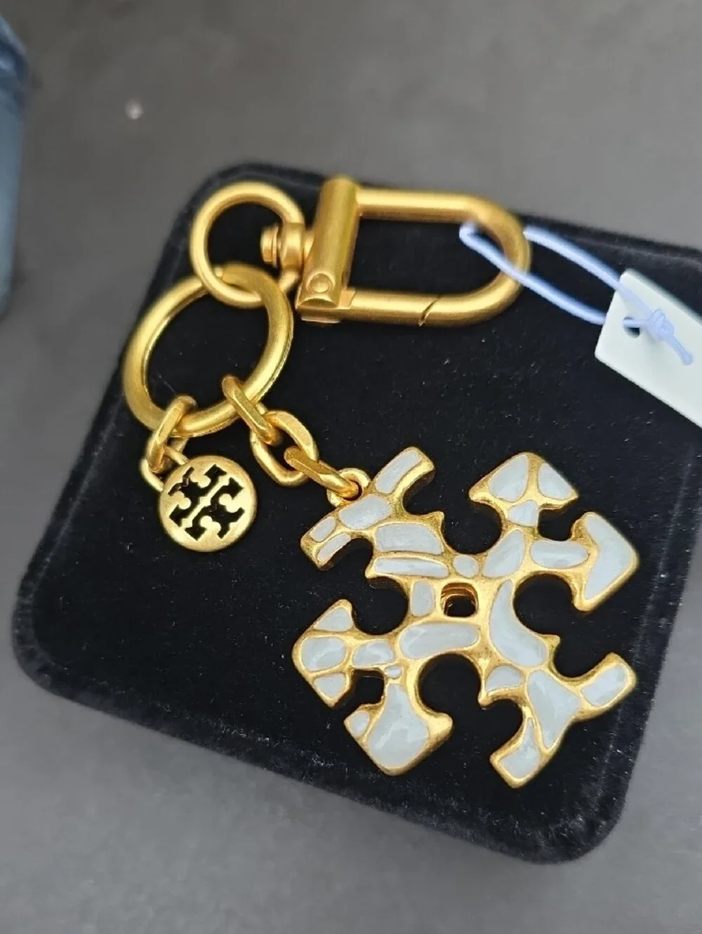 Tory Burch Gold and White Double-T Enamel Keyring